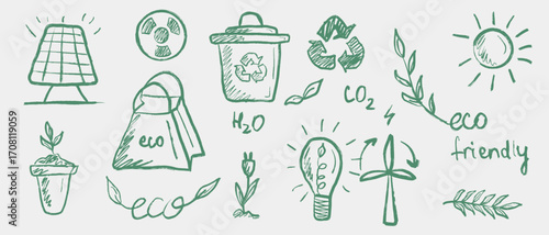 Hand drawn green ecology friendly icons with solar panel, recycling paper bag, trash can and plant growing. Vector sketch illustration in vintage crayon trendy style. Eco friendly concept