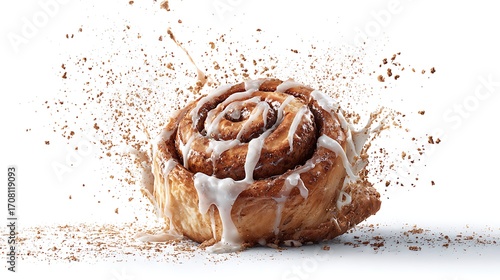 A glazed cinnamon roll with a white background and sprinkles surrounding the pastry dessert food