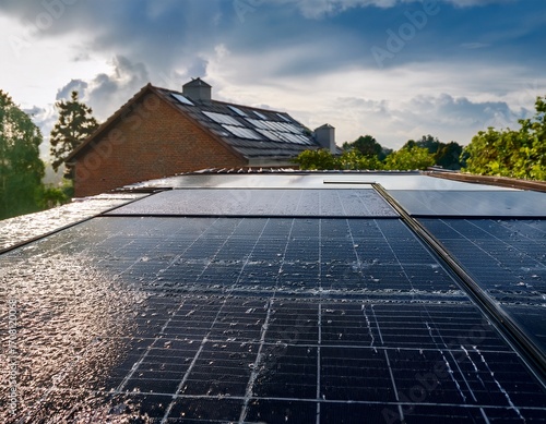 Wallpaper Mural close up of rain falling on solar panels installed on roof of modern house renewable electricity technology Torontodigital.ca