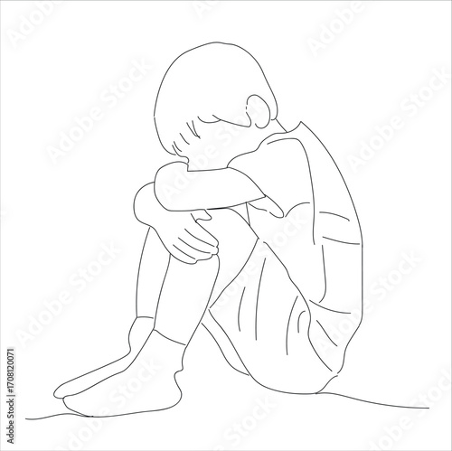 one line drawing boy sitting with bent legs