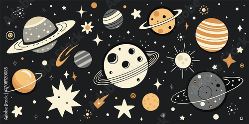 Illustrated space pattern featuring planets stars and celestial bodies on a dark background perfect for cosmic themed design or decorative projects