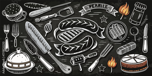 Meatile chalkboard illustration featuring sausages and cooking utensils for menu design or butcher shop promotion with retro style