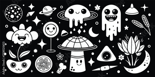Monochrome cosmic pattern featuring cute smiling planets space elements and botanical elements against a black background creating a playful dreamy design