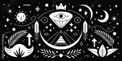 Mystical black and white pattern featuring celestial symbols,pyramids,and botanical elements,creating an esoteric vector illustration for decorative purposes