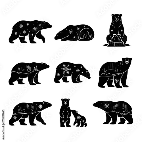 Vector art of silhouette set of polar bears collection of different poses of arctic animals vector monochrome illustration