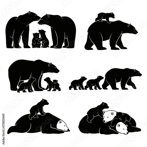 Vector art of silhouette set of bears with cubs collection of different poses of wild animals vector monochrome illustration