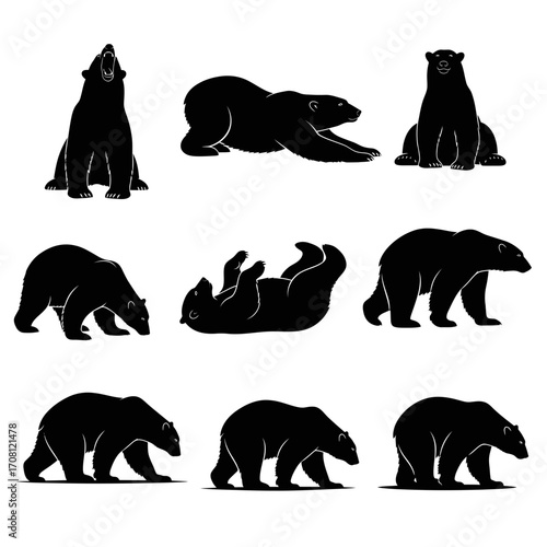 Vector art of collection of black silhouette polar bear illustrations in various poses, showcasing their playful and majestic nature