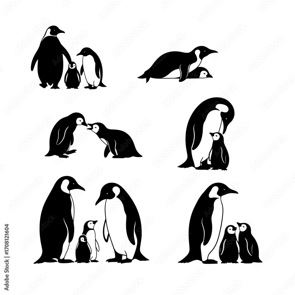 Obraz premium Vector art of penguin family vector silhouette illustration of antarctic birds with their chicks in various poses
