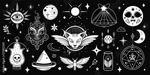Mystical vector illustration featuring celestial and occult elements including eyes planets cats moths and witchcraft related symbols on a black background