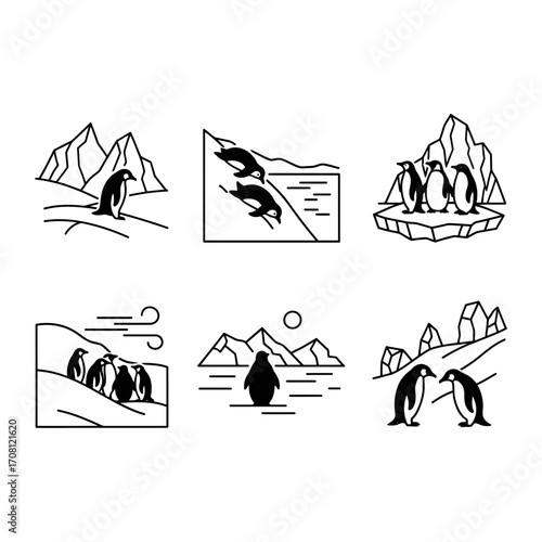 Vector art of set of penguins in different poses vector line art illustration of antarctic birds in various scenes