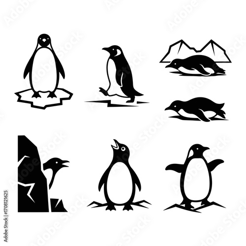 Vector art of collection of penguin icons in various poses includes standing, walking, swimming, diving, and interacting with ice and fish