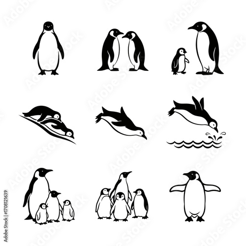 Vector art of set of penguin icons in various activities includes swimming, diving, family groups, and individual penguins standing