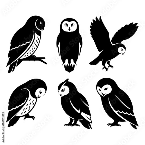 Vector art of set of six owl silhouettes, each in a unique pose, ideal for naturethemed designs and minimalist illustrations