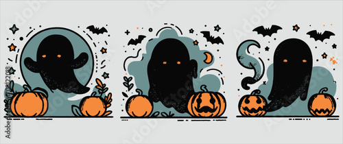 Spooky halloween scene with ghosts pumpkins and bats for festive celebration