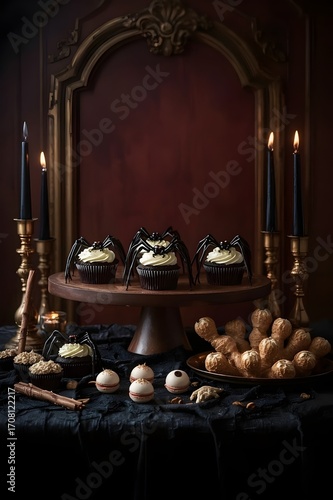 Fantasy bakery display with sinister Halloween treats cupcakes macarons witch finger breadsticks candles