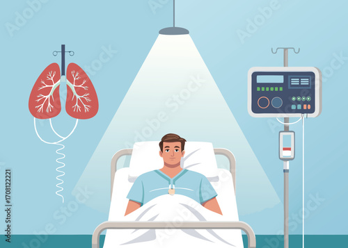 Patient in hospital bed receiving treatment for respiratory illness with medical equipment nearby