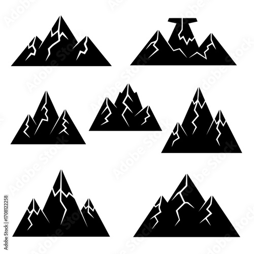 Vector art of collection of mountain icons, showcasing various mountain ranges, peaks, and geological formations in a minimalist and graphic style