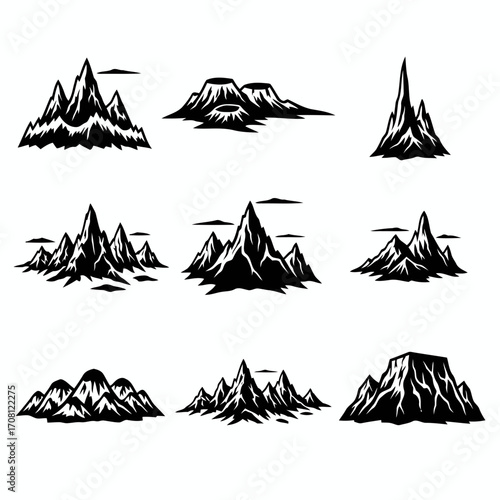 Vector art of collection of mountain icons, showcasing detailed mountain ranges, rugged peaks, and diverse geological formations in vector style