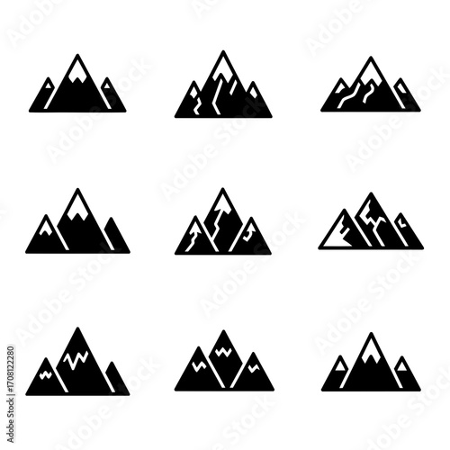 Vector art of set of mountain icons, depicting diverse mountain shapes, including snowy peaks, rocky formations, and simple triangular designs