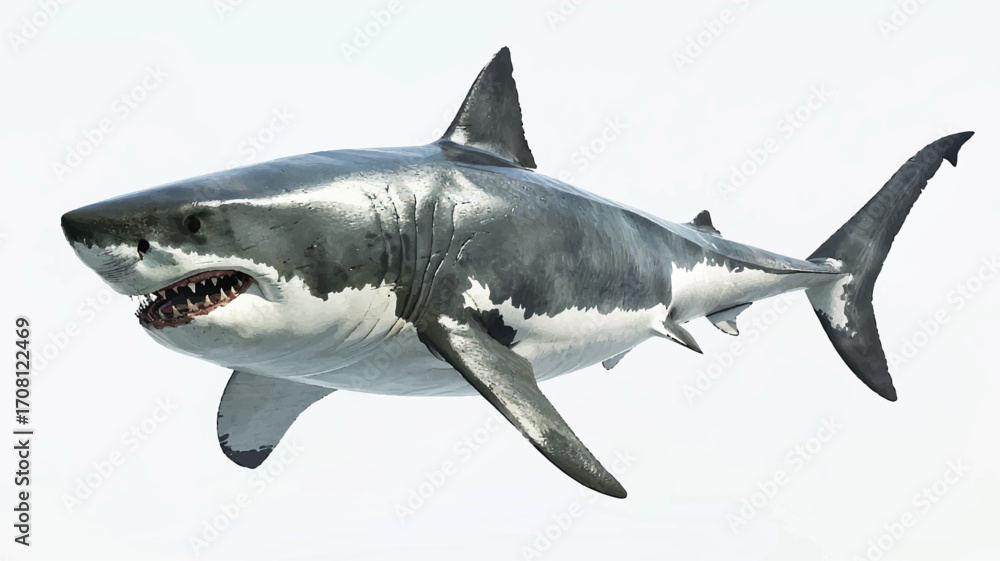 Fototapeta premium 3D great white shark swimming, white background.