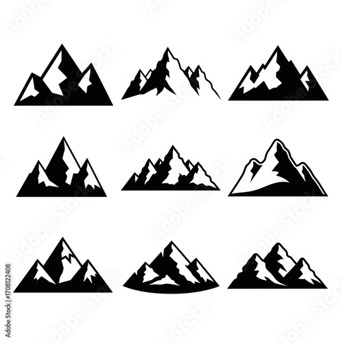 Vector art of set of mountain icons in black and white, , showcasing various peaks and ranges for outdoor adventure themes