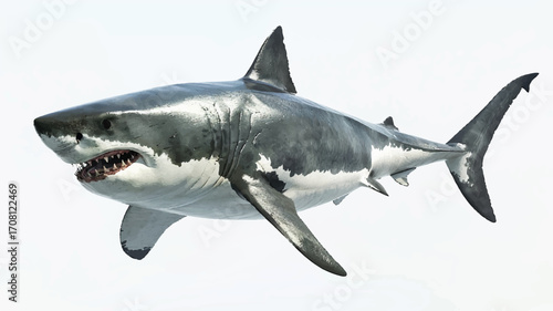3D great white shark swimming, white background.