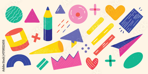 Playful geometric shapes doodle set with pencil and heart,abstract bright retro style,hand drawn illustration for creative design projects