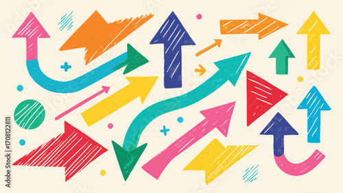 Playful hand drawn arrows in various colors and styles directional symbols for creative projects doodle vector illustration for presentation or background