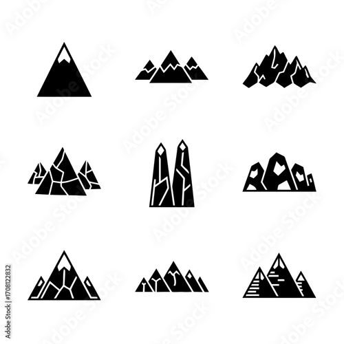 Vector art of collection of mountain icons, featuring various shapes and designs, ideal for adventure and naturerelated projects