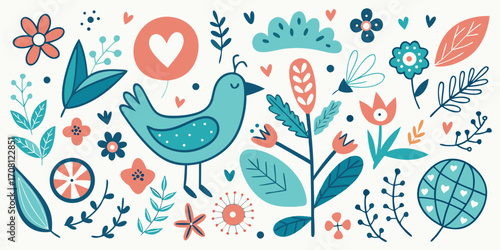 Playful hand drawn floral and bird illustration vibrant botanical elements featuring a cute bird heart shapes and whimsical flowers against a clean background ideal for springtime designs