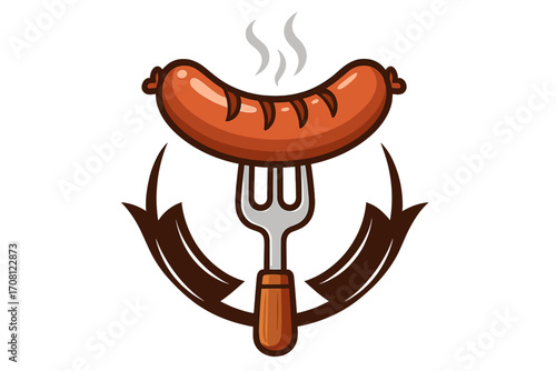 Barbecue logo with grilled sausage on a fork. BBQ restaurant emblem concept. Hot meat food icon for grill bar or steakhouse. Vector cartoon illustration with steam smoke.