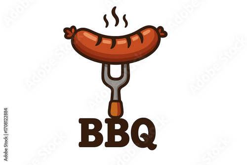 Barbecue logo with a grilled sausage on a fork. Vector cartoon illustration for a BBQ restaurant menu or picnic event. Hot grilled meat food icon isolated on a background.