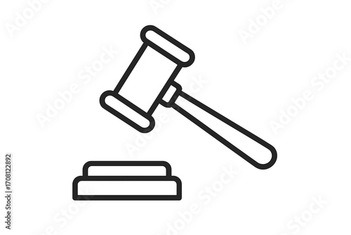 Judge gavel icon for law and justice. Court hammer symbol for verdict and sentence. Legal auction bid concept. Authority and decision pictogram. Line art vector illustration.