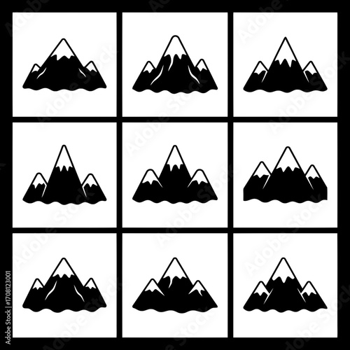 Vector art of mountain icon grid, showcasing a variety of peak designs, perfect for nature, travel, and adventure themes