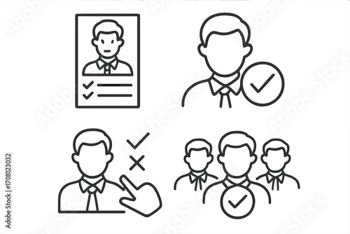 Recruitment icon set for human resources. Candidate choice, job interview, and employee selection concept. Vector linear icons for resume, hiring, and career choice.
