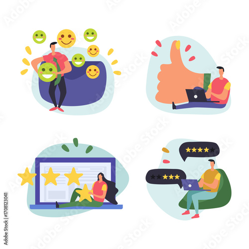 A collection of flat design illustrations showing positive customer feedback and online ratings