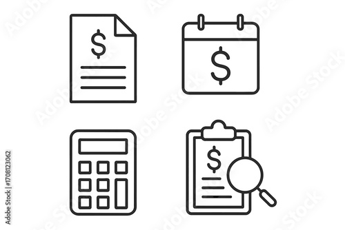 Business and finance line icons set. Financial document, payment calendar, calculator, and audit symbol. Accounting, budget, tax, and money management vector illustration.