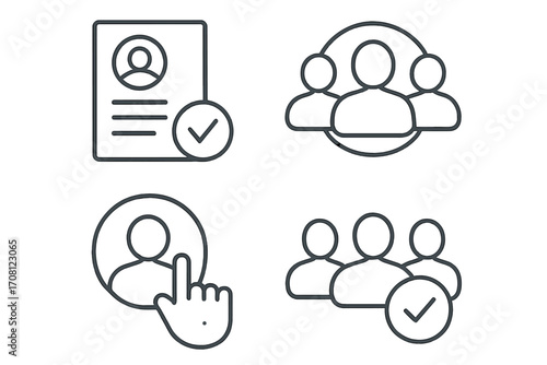 Recruitment icon set. Candidate choice, resume, hiring process linear icons. Human resources, job interview, teamwork concepts. Staff selection, personnel management symbols.