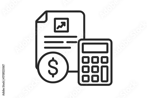 Financial report, budget calculation concept. Investment growth analysis. Economy data, accounting symbol. Money management, savings plan. Calculator, dollar coin, document icon.