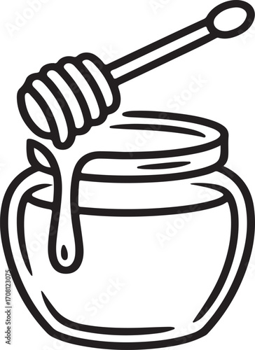 Hand drawn silhouette of a honey dipper with dripping honey over a jar isolated on white background