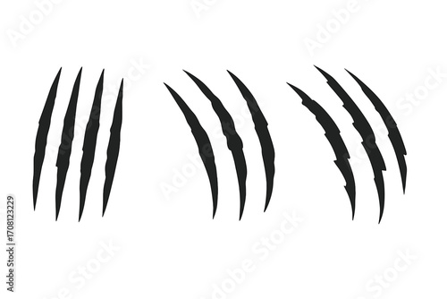 Claw scratch marks vector set. Animal claws silhouette illustration. Tiger, bear or monster attack slash. Wild animal rip, tear or damage effect. Grunge, horror concept.