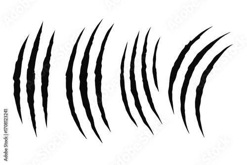 Claw scratch marks set. Animal claws silhouette. Vector illustration of tiger, lion, or bear paw scratches. Grunge, horror slash marks. Ripped, torn paper effect. Wild monster attack.