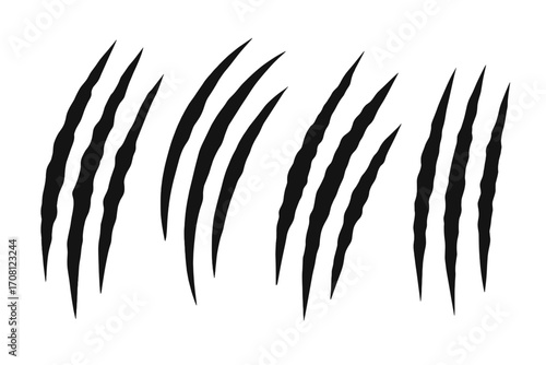 Claw scratch marks vector set. Animal claws silhouette. Tiger, bear, or monster attack slash. Torn, ripped paper or metal effect. Wild danger symbol. Damage trace.