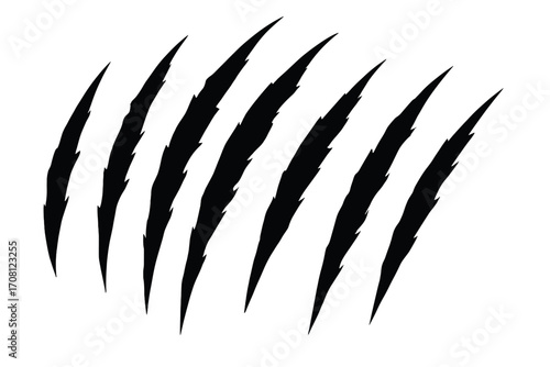 Claw scratch marks vector illustration. Animal claw slashes, tiger rips, and monster tear marks. Predator attack damage effect silhouette. Wild beast trail design element.