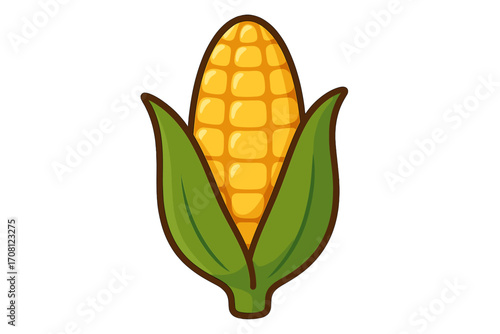 Corn on the cob cartoon icon. Fresh vegetable, sweetcorn symbol. Vector illustration for agriculture, harvest, or healthy organic food. Isolated maize graphic design element.