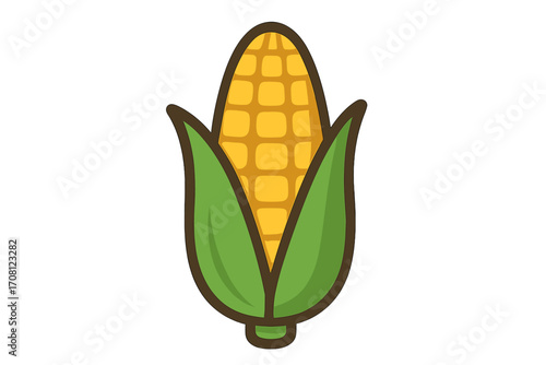 Corn icon flat style. Vegetable symbol. Vector cartoon illustration. Healthy food. Organic, natural, fresh. Agriculture, harvest, farming. Sweetcorn, maize cob with leaves.