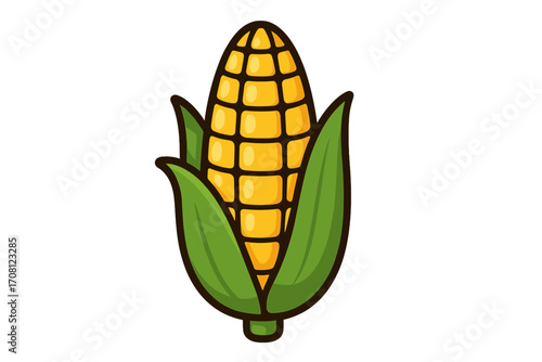 Cute corn on the cob cartoon icon. Vector illustration of a fresh yellow maize vegetable, isolated. Symbol for healthy organic food, agriculture, farming, and harvest season.