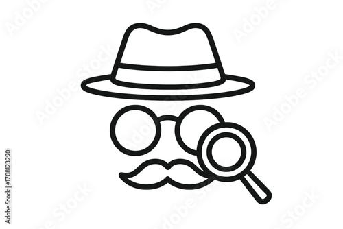 Incognito mode icon. Private browsing. Anonymous user. Spy, secret agent concept. Detective with hat, glasses, mustache. Search, investigate, find logo. Vector illustration.