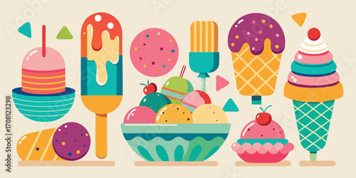 Playful summer delights colorful assortment of illustrated ice cream treats and sweet confections featuring popsicles,cones,sundaes,and ice cream bowls
