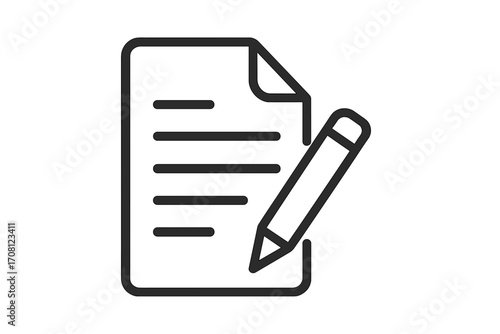 Document and pencil icon. Writing, editing, or signing a contract concept. Simple line art illustration for business, office, and data. Vector pictogram for application or feedback form.
